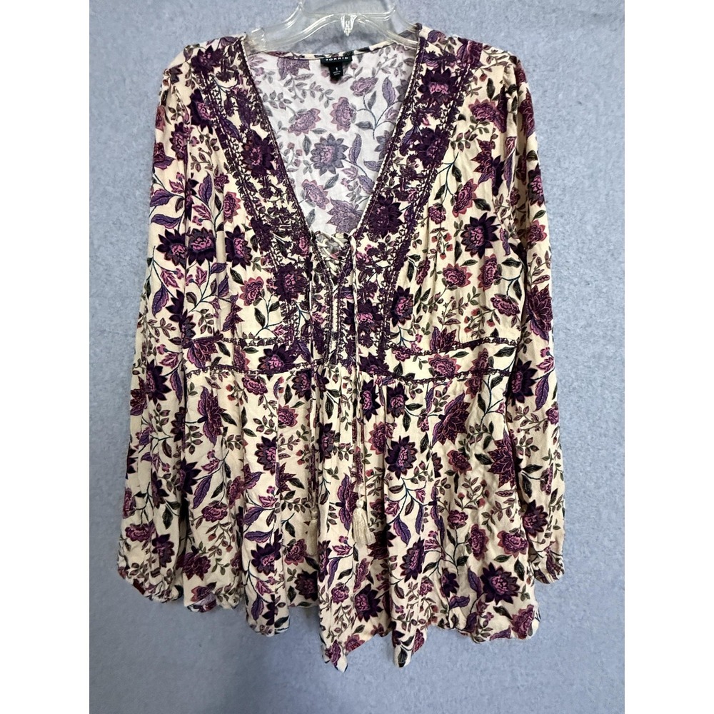 Torrid Blouse Womens 1 Multicolor Floral Embroidered Tassel V Neck Tunic Top